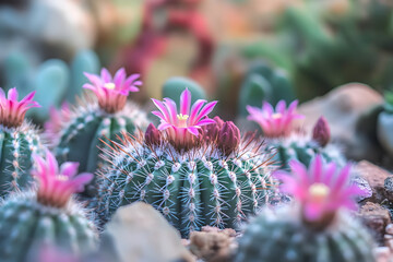 Soft focus mammillaria cactus blooming in garden.