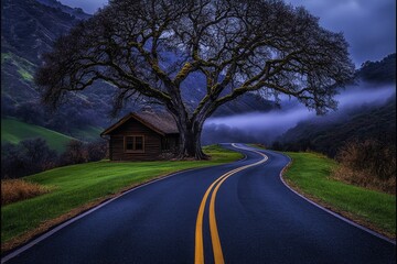 Fototapeta premium A lonely countryside road at sunrise, with early morning fog rolling over the hills