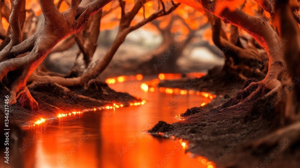 Poster a winding river reflects an orange glow as it flows between twisted tree roots in a magical forest a