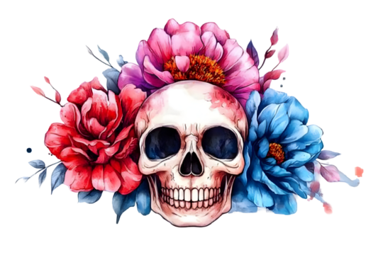 Transparent Background Illustration of a Watercolor Skull with Floral and Rose Decorations in Red Blue and Pink for Dia De Los Muertos Celebration - Powered by Adobe