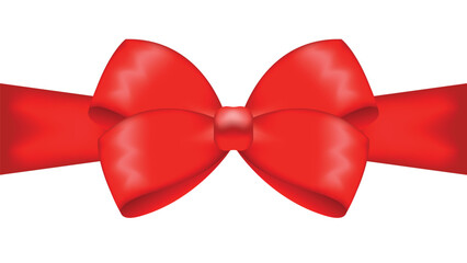 Bright red satin bow with wide ribbon in realistic style on white background