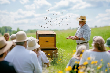 An experienced beekeeping instructor passionately engages a group of attentive participants in a vibrant meadow