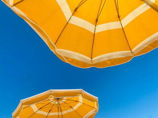 Yellow beach umbrellas against a bright blue sky