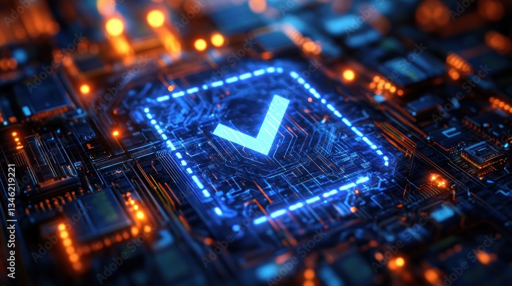 Poster digital compliance checkmark in high-tech circuit board environment focusing on data security and ve