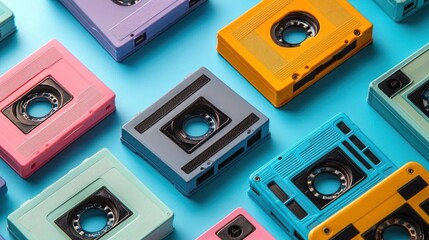 Obraz premium Vintage Colorful Cassette Tapes on Blue Background Retro Music Nostalgia Pattern