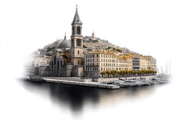 Obraz premium A minimalist black-and-white line drawing of Marseille skyline, featuring Notre-Dame de la Garde and the port