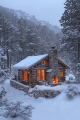 Cozy log cabin with warm lights and snowy winter landscape