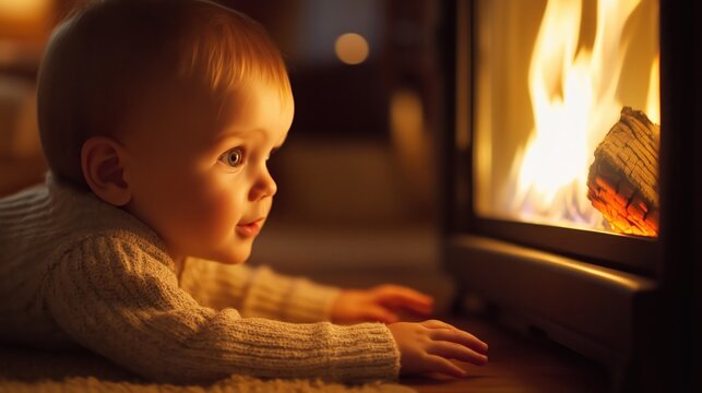 A curious toddler extends a small hand toward the open fireplace flame, highlighting the importance of child safety and supervision in the home.
