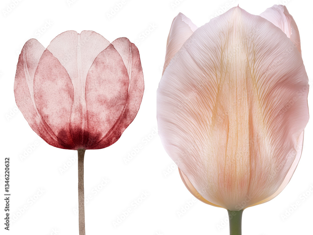 Fototapete The image features a red tulip on a plain white background, created using a combination of watercolor painting and hand drawing techniques to produce a botanical illustration