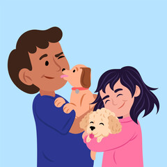 Happy family hugging and kissing adorable puppies: expressing love and care