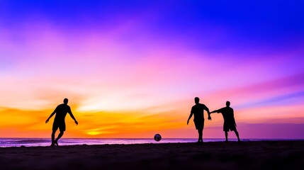 Fototapeta premium Silhouetted figures playing soccer on a beach at sunset with vibrant sky colors