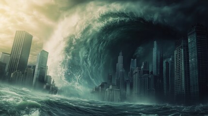A towering tsunami wave crashes toward the city skyline, its immense force symbolizing nature’s unstoppable power in a catastrophic environmental disaster.