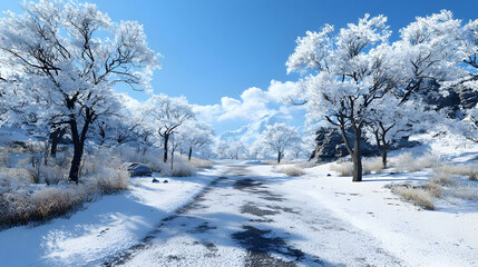 Obraz premium Winter Scene Road Through Trees Covered In White Snow With Blue Sky in Daylight