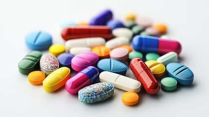 Colorful pills and tablets in various shapes, including round or square-shaped tablets and capsules, on a white background.