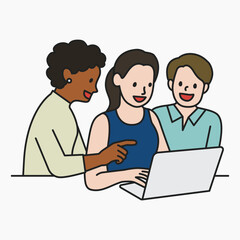 Diverse colleagues work on computer notebook brainstorming collage element vector