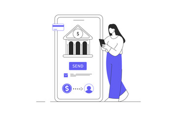 Mobile banking concept. Woman makes online payment and doing transaction in phone bank application. Flat Cartoon Vector Illustration, icon. Stylish abstract design web