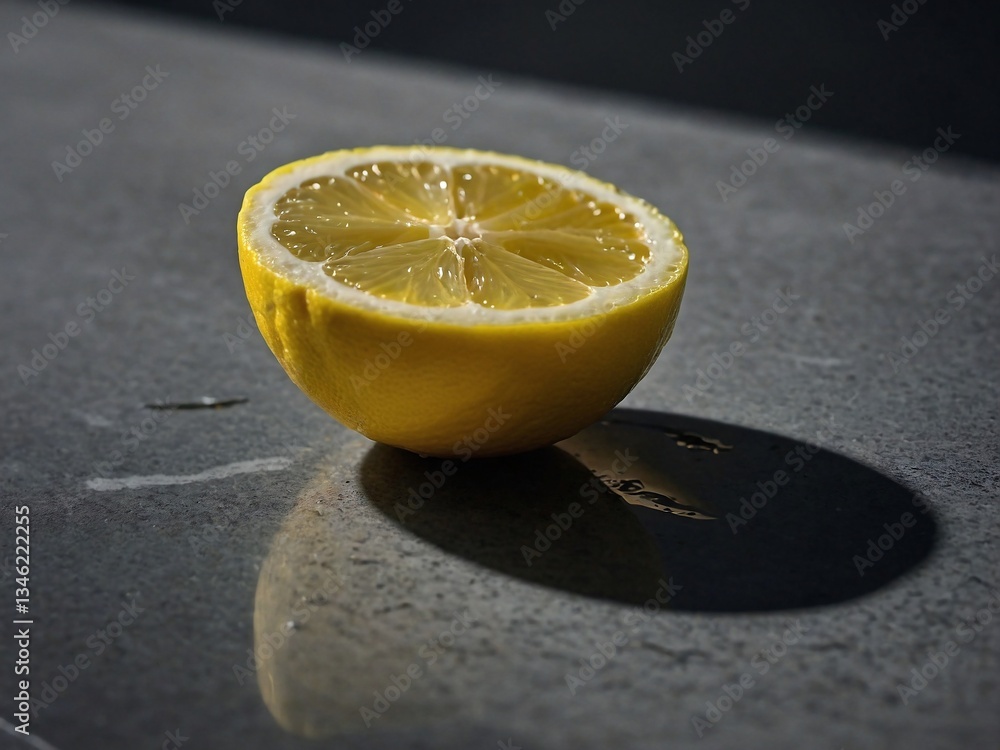 Poster close-up of a sliced yellow lemon on a gray surface, with another lemon slice behind it