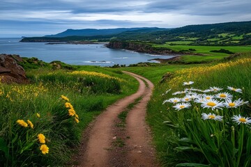 Obraz premium A narrow dirt road cutting through a vibrant field of Tasmanian wildflowers, leading to the ocean