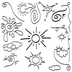 Whimsical, hand drawn suns, clouds, and swirls evoke a playful and carefree summer atmosphere, perfect for children's projects or lighthearted designs