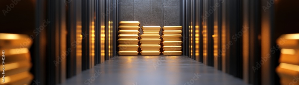 Poster a modern, illuminated corridor with stacks of golden objects, creating a striking contrast against a