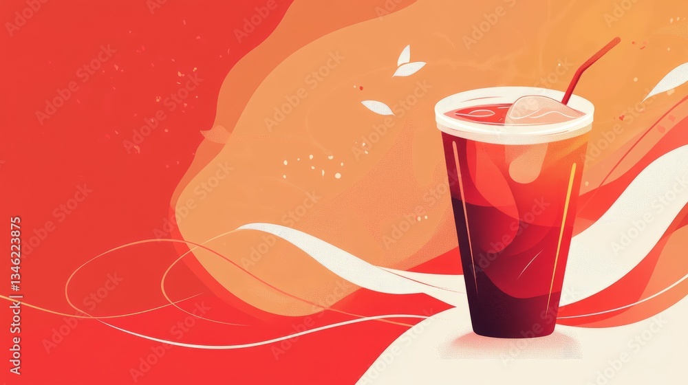 Fototapete a warm red summer-themed illustration with a focus on an iced coffee cup, accented by flowing minima
