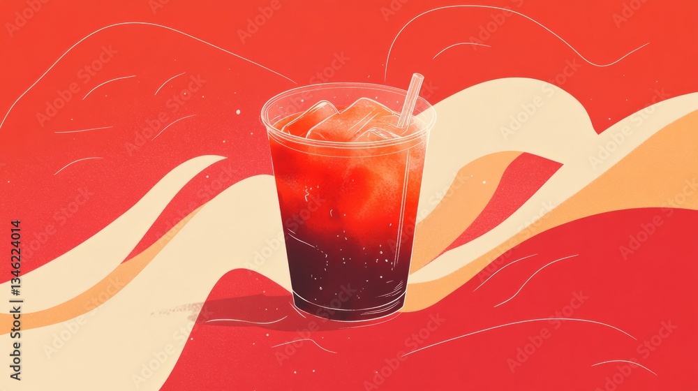 Fototapete a warm red summer-themed illustration with a focus on an iced coffee cup, accented by flowing minima