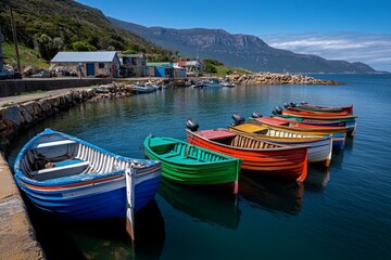 A peaceful fishing village along the Tasmanian coast, with wooden boats gently bobbing in the harbor