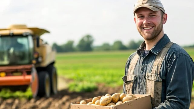 A smiling farmer holding a box of potatoes in a field with a tractor in the background on a sunny day, 4K