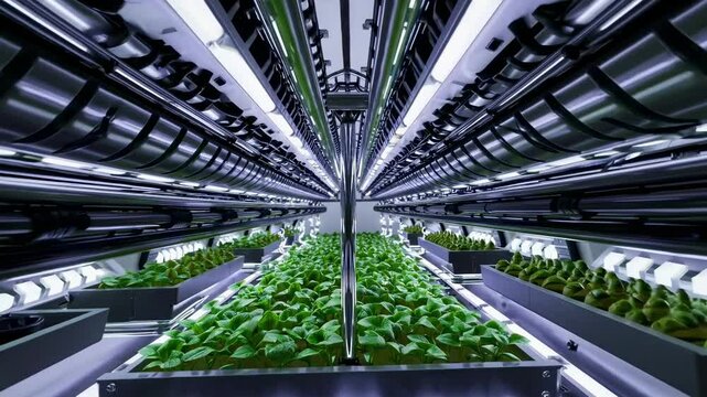 A hydroponic garden in a spacecraft showcases advanced agriculture in zero gravity. Neon lighting illuminates green plants growing in a futuristic greenhouse setup. Sustainable farming systems