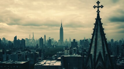 Fototapeta premium A towering church steeple rises against a vibrant global metropolis skyline, symbolizing the harmony between faith and modern urban life.
