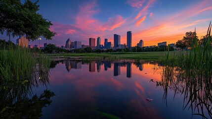 Naklejka premium Vibrant sunset over a city skyline reflecting in a tranquil pond