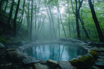 Fototapeta premium Tranquil forest hot spring in misty woodland