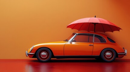 Car Insurance Protection Concept with Vintage Car and Large Umbrella on Orange Background