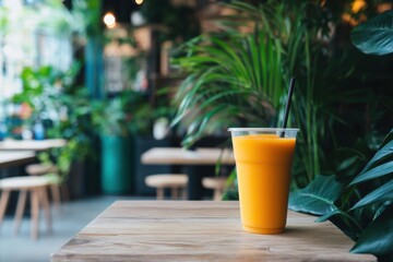 Orange Smoothie with Straw on Wooden Table Amidst Lush Greenery