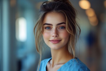 Fototapeta premium Warm Smiling Young Female Healthcare Professional in Modern Hospital Corridor Portrait
