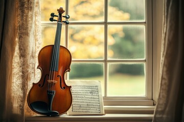 Violin and sheet music by window with autumn background