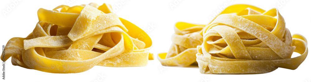 Poster the image features raw pappardelle pasta isolated on white with a clipping path