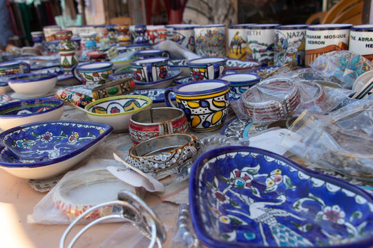 Handmade ceramics market in the street of Khalil city, Palestine. Hebron - Israel: 21 April 2022.