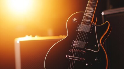 Naklejka premium Black electric guitar positioned near amplifier, illuminated by warm stage lights, creating a vibrant atmosphere