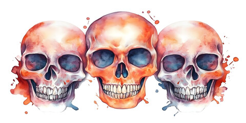 Watercolor Illustration of Three Human Skulls Detailed Anatomy Graphic Isolated on Transparent Background Showing Spooky Halloween Gothic Death Symbol Artistic Paint