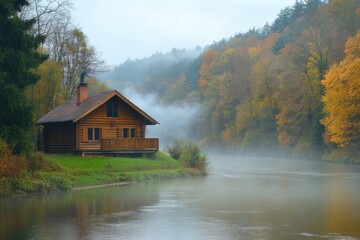 Cozy log cabin by misty river in autumn forest landscape
