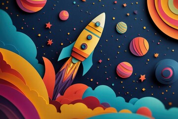 Cosmonautics Day. rocket soaring through space with planets and stars in a paper-cut style, set against a dark blue background. 