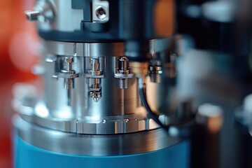 Close-up of intricate metallic machinery, showcasing precision engineering and complex components.
