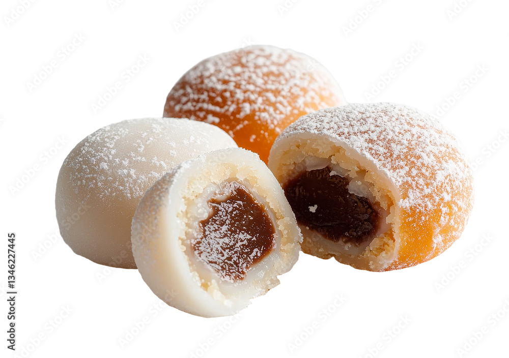 Poster chocolate cakes that are round in shape and pastries filled with cream are shown on a plain white ba