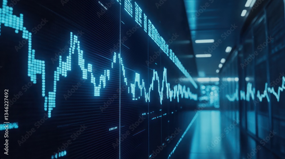 Poster digital stock market display showing fluctuating graphs in a modern office