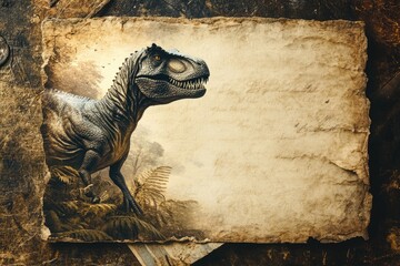 A stylized T-Rex in a warm toned prehistoric savannah, framed like an old timey postcard with room for a note