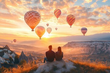 Couple Embracing Together in Scenic Cappadocia Valley with Colorful Hot Air Balloons at Sunset