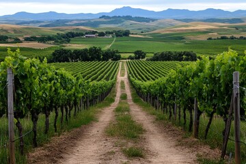 Fototapeta premium A scenic dirt path leading through rolling vineyards, with a small winery visible in the distance