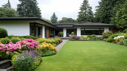 Fototapeta premium Modern Residential House Exterior with Lush Garden and Colorful Blooming Flowers under Overcast Sky