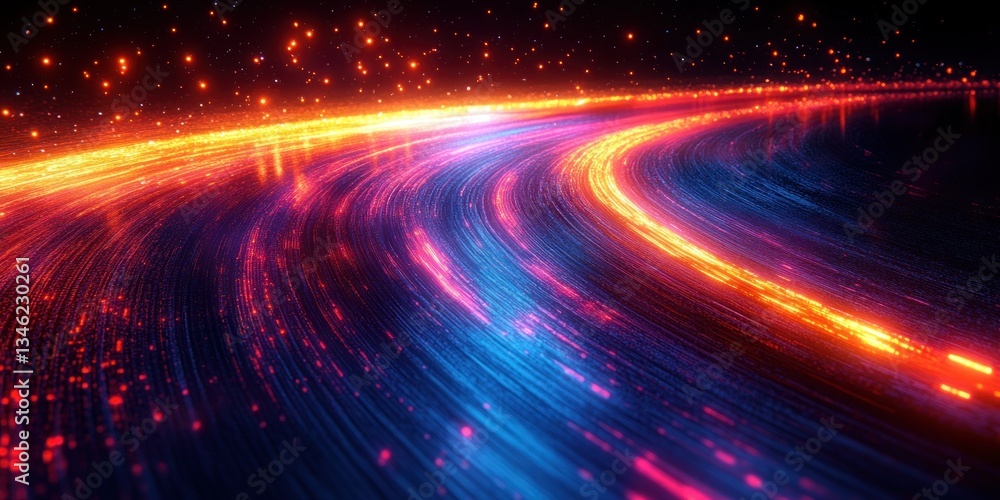 Poster dynamic abstract neon light trails in black background with 3d curvy lines and futuristic aesthetics